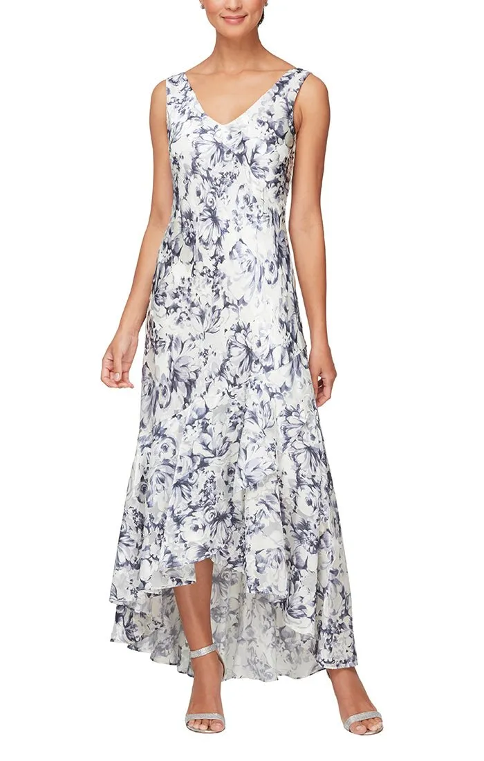 Tea-Length Floral Printed Chiffon Jacket Dress with High/Low Tulip Hem Skirt sold by Alex Evenings product image thumbnail 3