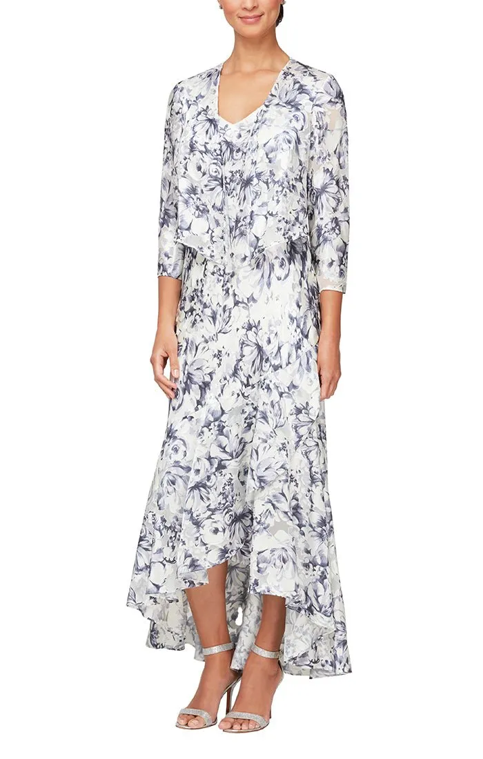 Tea-Length Floral Printed Chiffon Jacket Dress with High/Low Tulip Hem Skirt sold by Alex Evenings