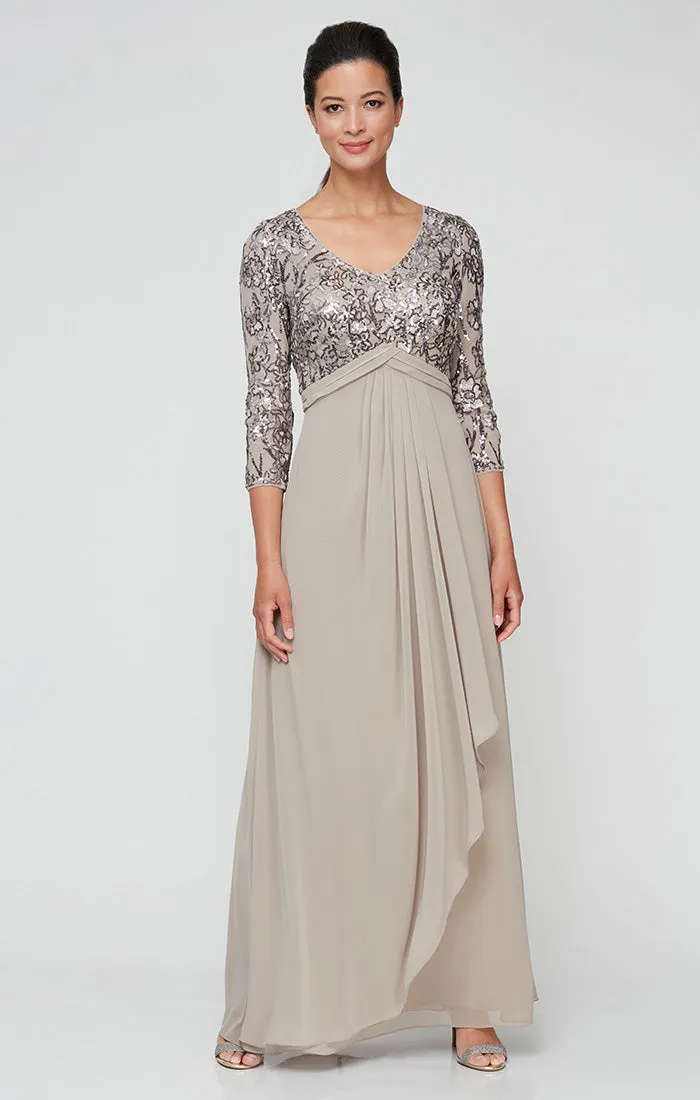 Petite Long A-Line V-Neck Dress With Empire Waistline and Cascade Detail Skirt sold by Alex Evenings