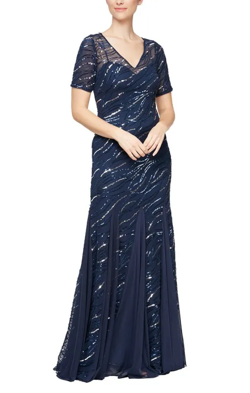 Regular - Long V-Neck Fit & Flare Gown with Illusion Neckline and Godet Detail Skirt sold by Alex Evenings