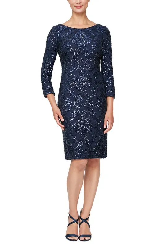 Regular - Short Embroidered Sequin Sheath Dress with 3/4 Sleeves sold by Alex Evenings
