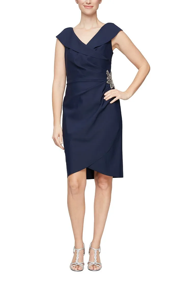 Regular - Short Sheath Compression Collection Dress with Portrait Collar and Embellished Cascade Detail Skirt sold by Alex Evenings