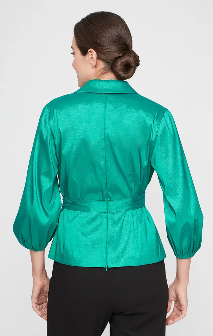 Regular - 3/4 Sleeve Surplice Stretch Taffeta Blouse with Collar, Balloon Hem Sleeve and Tie Belt sold by Alex Evenings product image thumbnail 2