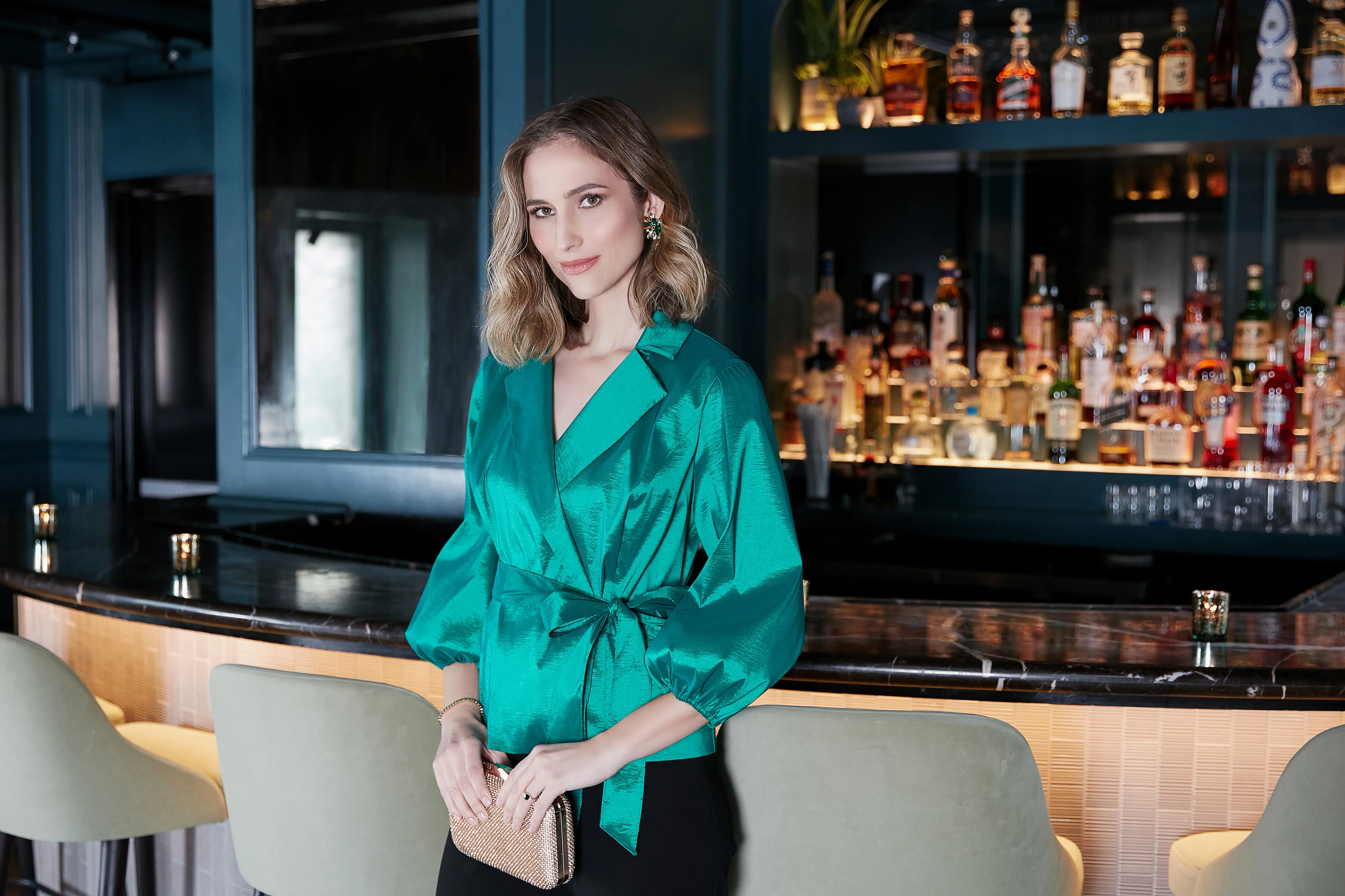 Regular - 3/4 Sleeve Surplice Stretch Taffeta Blouse with Collar, Balloon Hem Sleeve and Tie Belt sold by Alex Evenings product image thumbnail 3