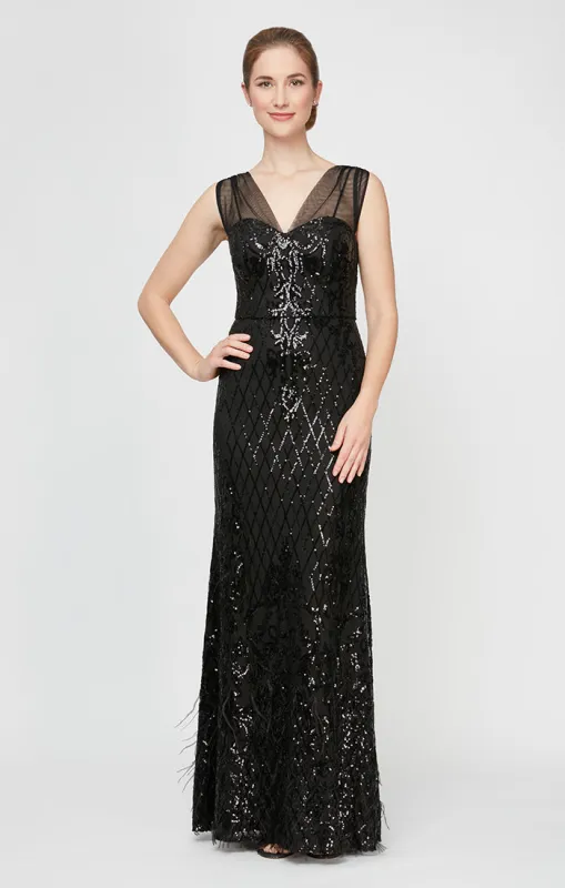 Regular - Sleeveless Dress With Illusion Detail Neckline and Feather Detail Skirt sold by Alex Evenings