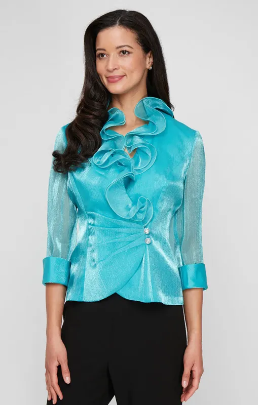 Regular - 3/4 Sleeve Yoryu Chiffon Side Closure Blouse with Ruffle Neckline and Illusion Sleeves sold by Alex Evenings