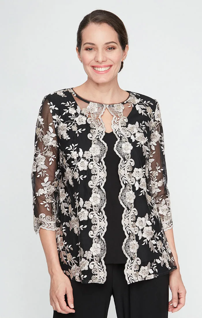 Regular - 3/4 Sleeve Stretch Tulle Embroidered Mock Twinset with Attached Jacket and Scallop Detail sold by Alex Evenings