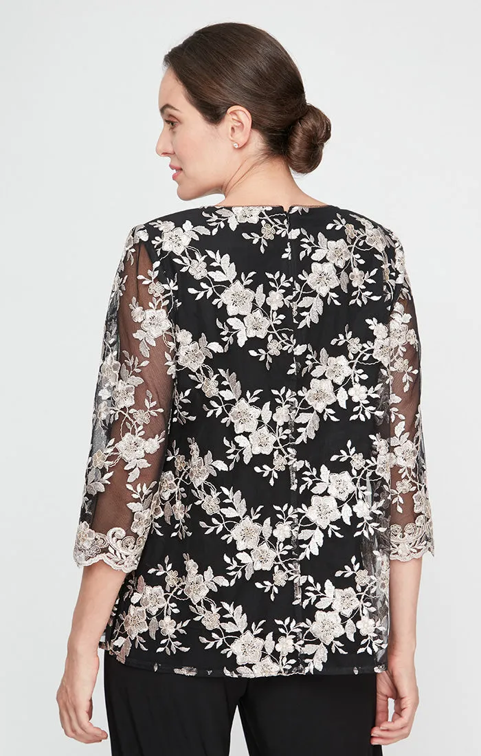 Regular - 3/4 Sleeve Stretch Tulle Embroidered Mock Twinset with Attached Jacket and Scallop Detail sold by Alex Evenings product image thumbnail 2