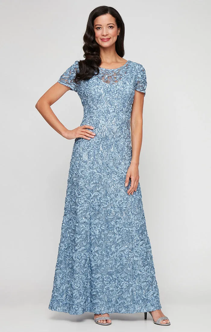 Long Soutache A-Line Dress with Short Sleeves and Illusion Neckline sold by Alex Evenings