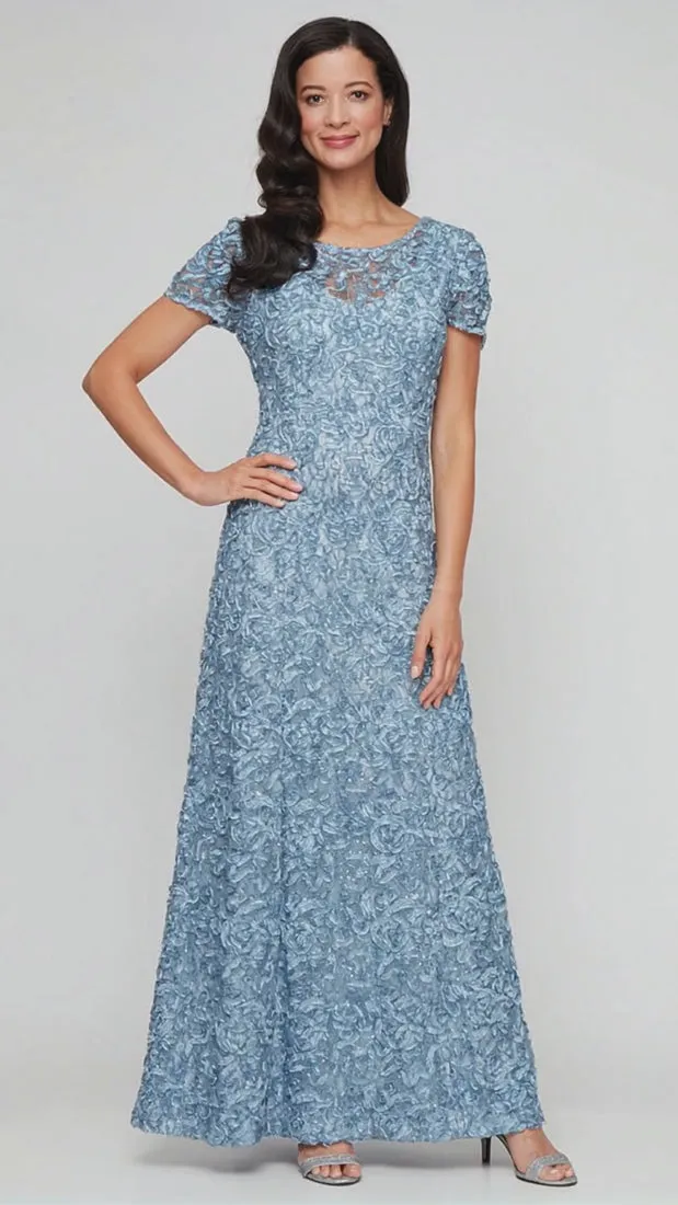 Long Soutache A-Line Dress with Short Sleeves and Illusion Neckline sold by Alex Evenings product image thumbnail 3