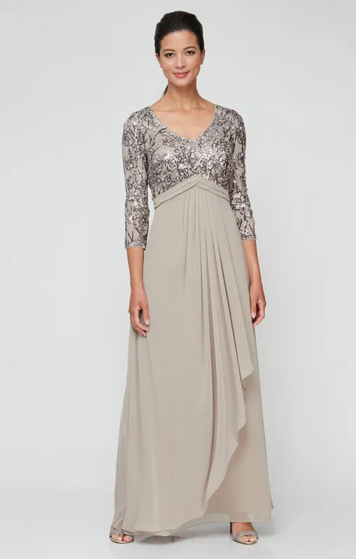 Petite - Long A-Line V-Neck Dress With Empire Waistline and Cascade Detail Skirt sold by Alex Evenings