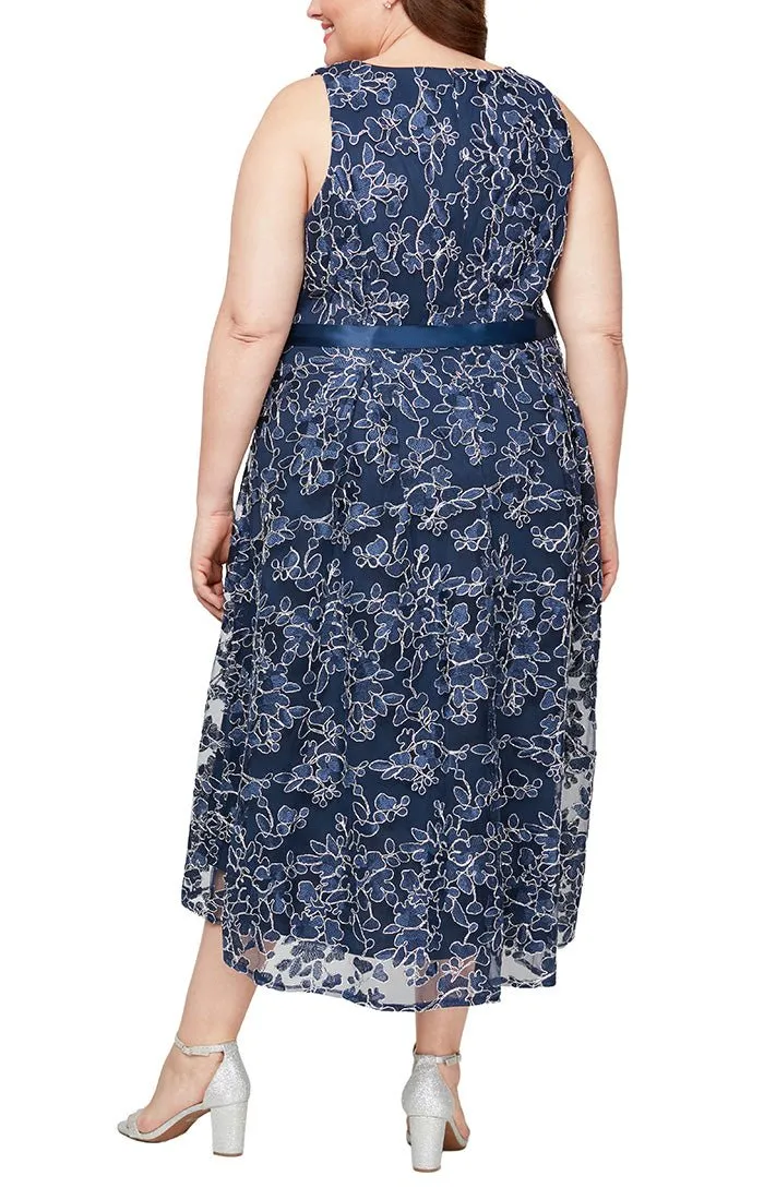 Plus - Sleeveless Embroidered Midi Dress with High Low Hem & Tie Belt sold by Alex Evenings product image thumbnail 2