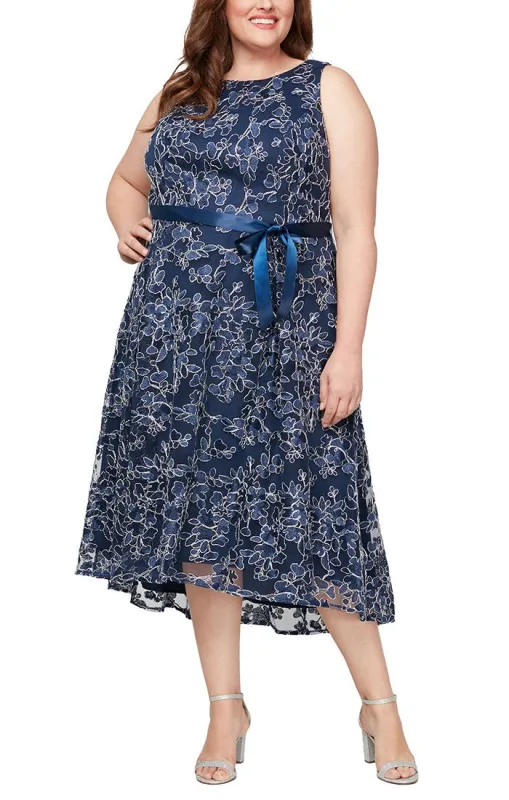 Plus - Sleeveless Embroidered Midi Dress with High Low Hem & Tie Belt sold by Alex Evenings