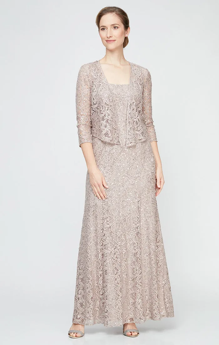 Sequin Lace Long A-Line Dress with 3/4 Sleeve Illusion Jacket sold by Alex Evenings
