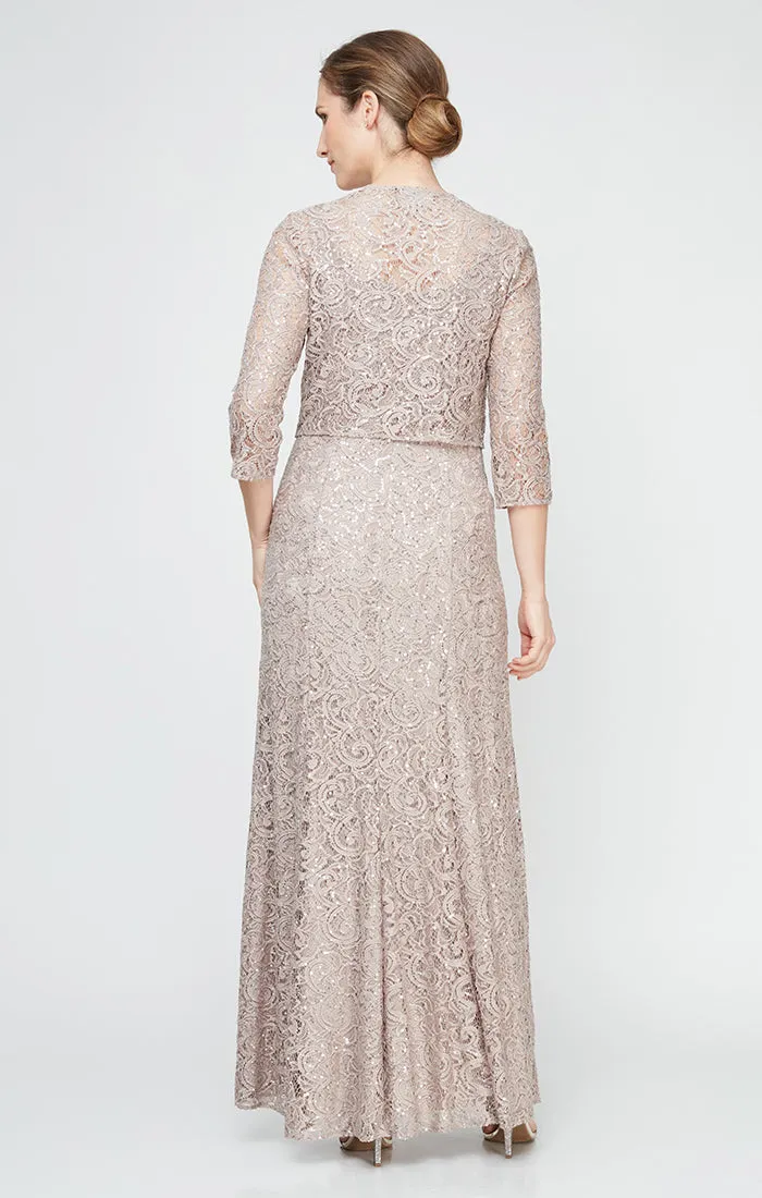 Sequin Lace Long A-Line Dress with 3/4 Sleeve Illusion Jacket sold by Alex Evenings product image thumbnail 3