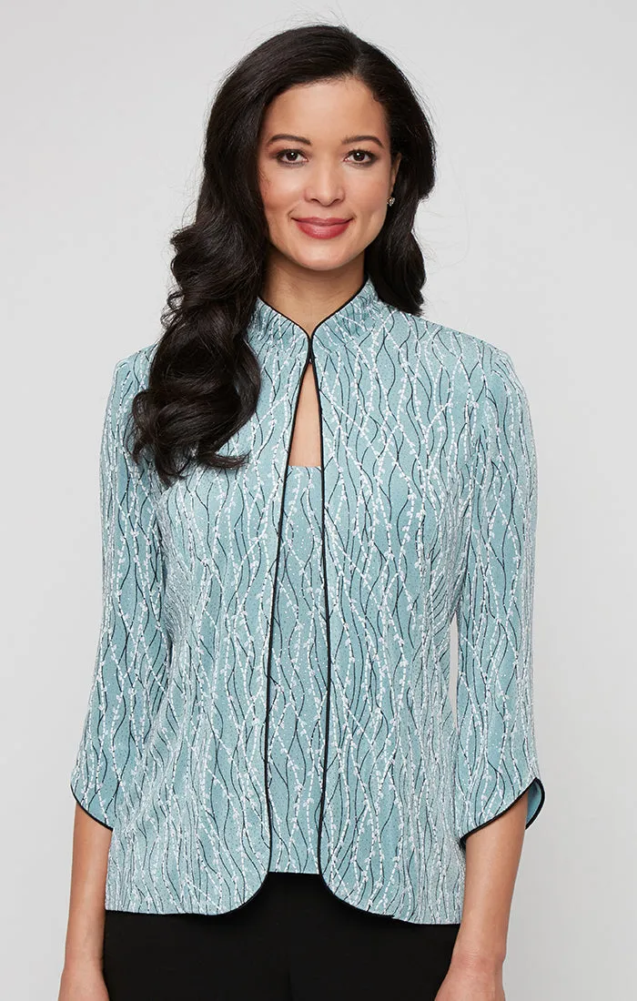 Plus - Printed Mandarin Neck Glitter Knit Twinset with Scoop Neck Tank and Satin Piping Detail sold by Alex Evenings