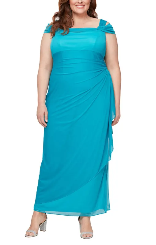 Plus - Cold Shoulder Mesh Gown with Cowl Neckline & Overlay Skirt sold by Alex Evenings