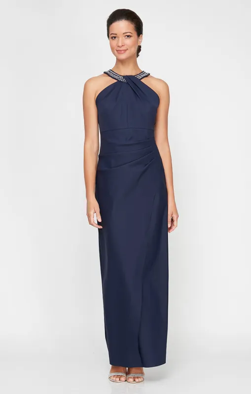 Regular - Halter Neck Column Dress With Embellishment at Neck and Overlay Skirt sold by Alex Evenings
