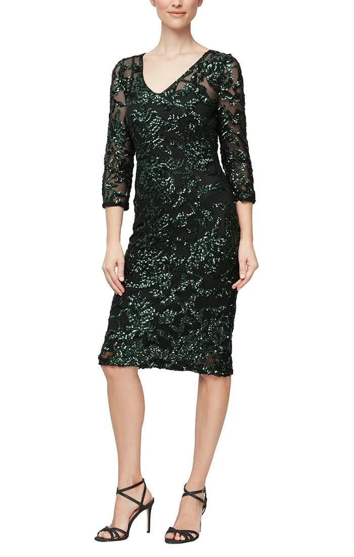 Regular - Short V-Neck Sheath Dress With Illusion Neckline and 3/4 Sleeves sold by Alex Evenings