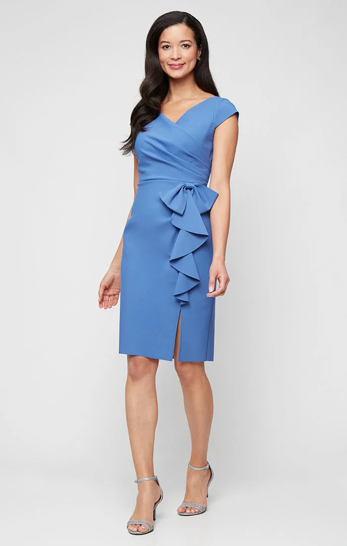Short Compression Collection Sheath Dress with Surplice Neckline and Cascade Bow Detail Skirt sold by Alex Evenings