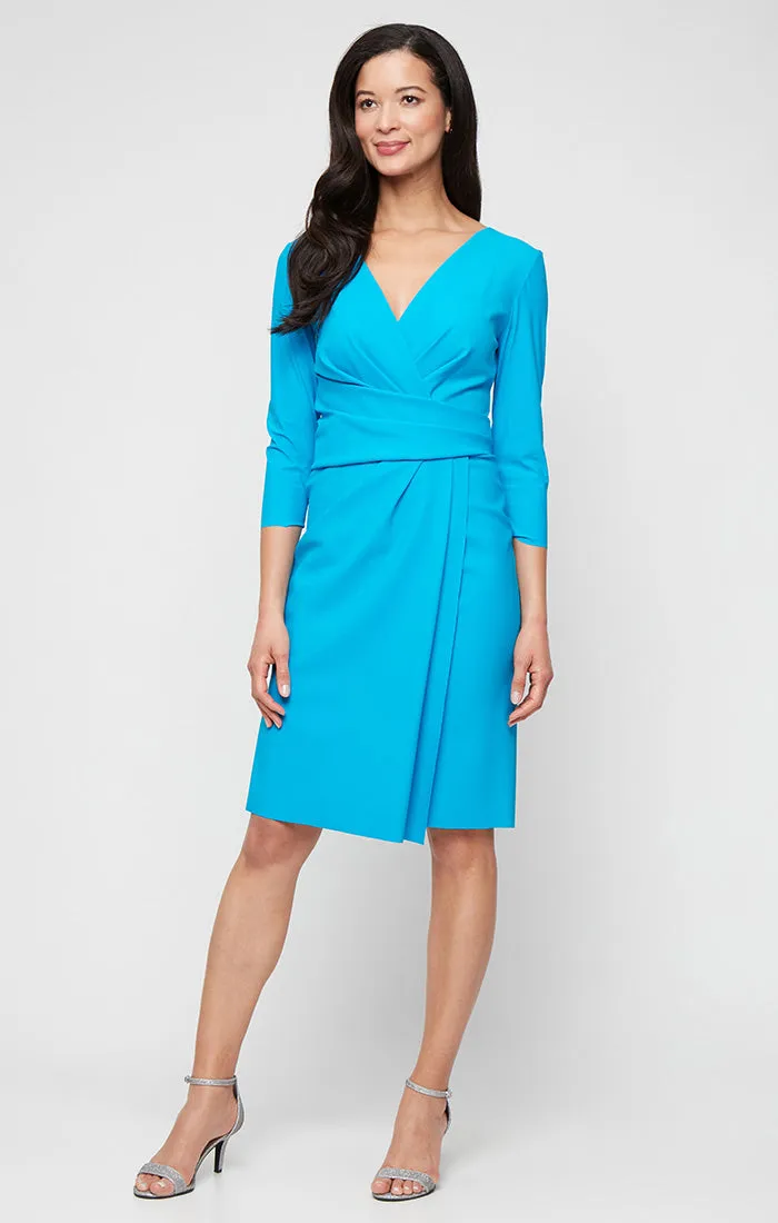 Short Compression Sheath Dress with Surplice Neckline, Gathered Waist Detail and Overlay Skirt sold by Alex Evenings