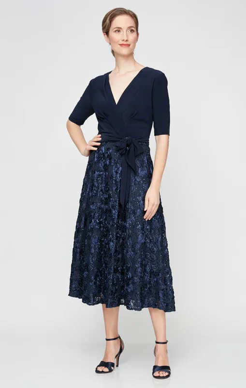 Petite Lace & Jersey Cocktail Dress with Full Rosette Lace Skirt & Tie Belt sold by Alex Evenings