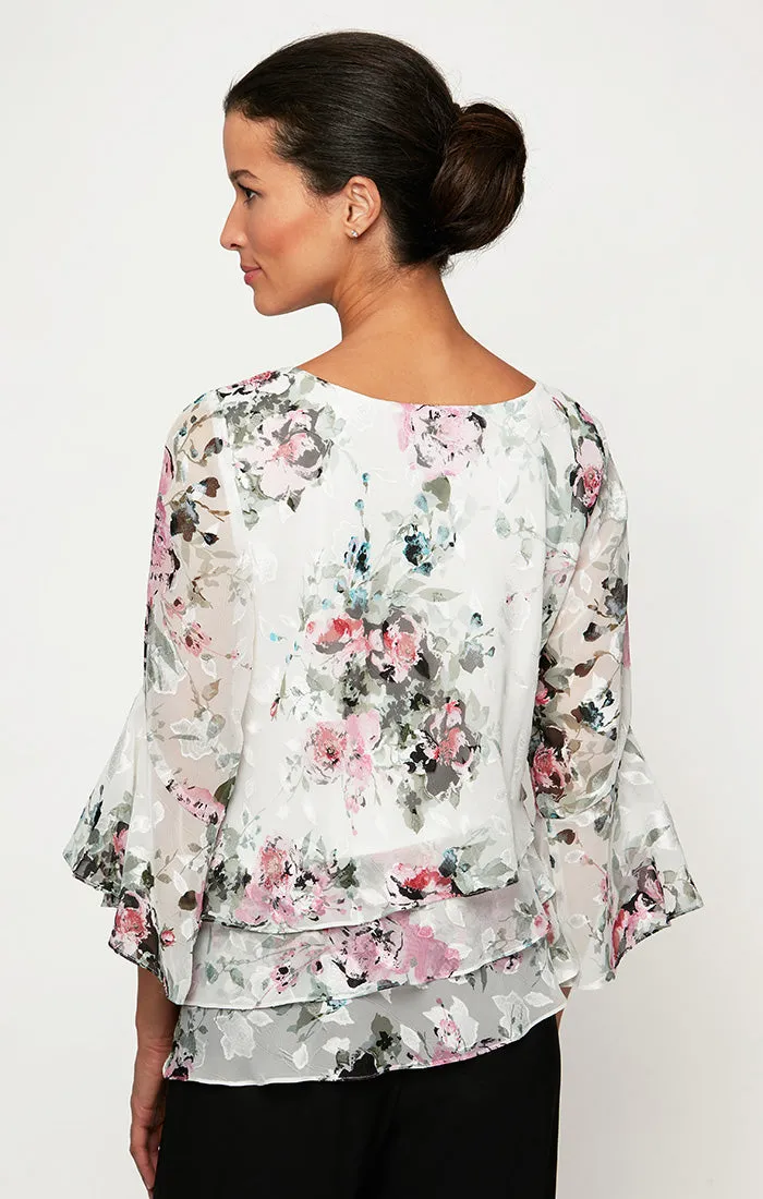 Petite - Printed Chiffon Blouse With Triple Tier Asymmetric Hem and Bell Sleeves sold by Alex Evenings product image thumbnail 2