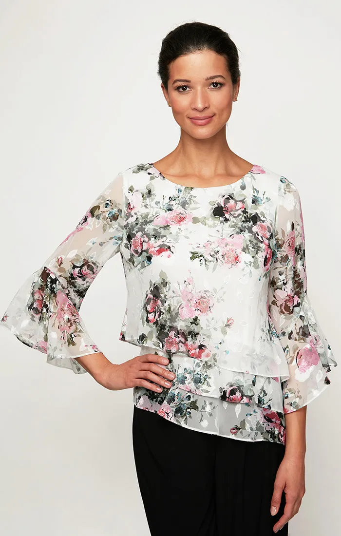 Petite - Printed Chiffon Blouse With Triple Tier Asymmetric Hem and Bell Sleeves sold by Alex Evenings