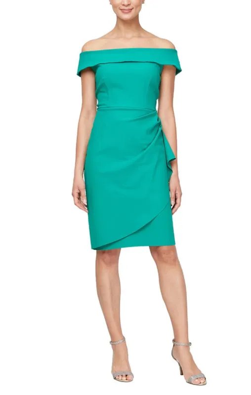 Regular - Short Off-the-Shoulder Compression Sheath Dress with Cascade Detail Skirt sold by Alex Evenings