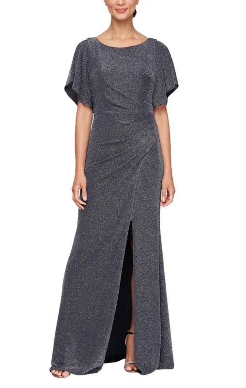 Regular - Long Flutter Sleeve Metallic Knit Dress with Ruched Waist Detail & Front Slit sold by Alex Evenings