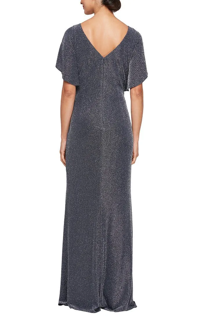 Regular - Long Flutter Sleeve Metallic Knit Dress with Ruched Waist Detail & Front Slit sold by Alex Evenings product image thumbnail 2
