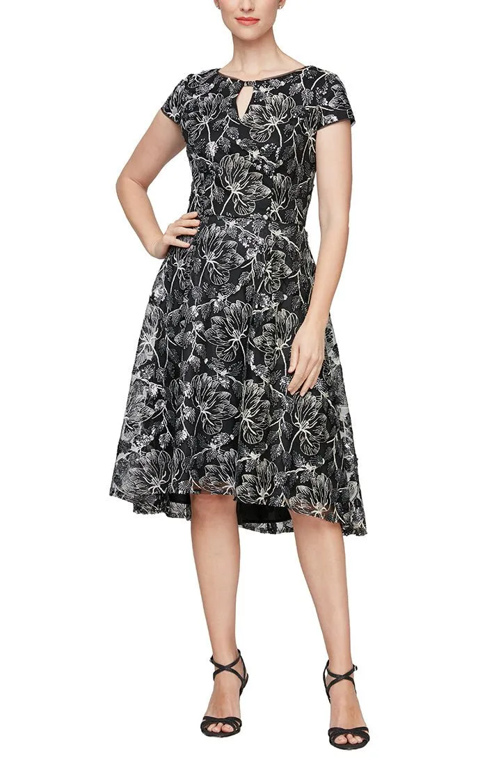 Regular - Cap Sleeve Metallic Lace Party Dress with Cutout Neckline sold by Alex Evenings