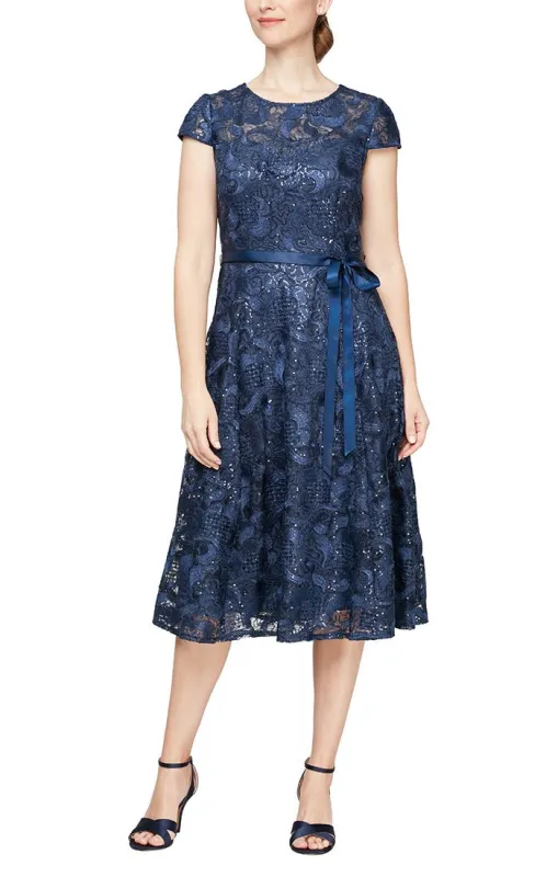 Tea Length Dress with Cap Sleeves, A-Line Skirt and Tie Belt sold by Alex Evenings