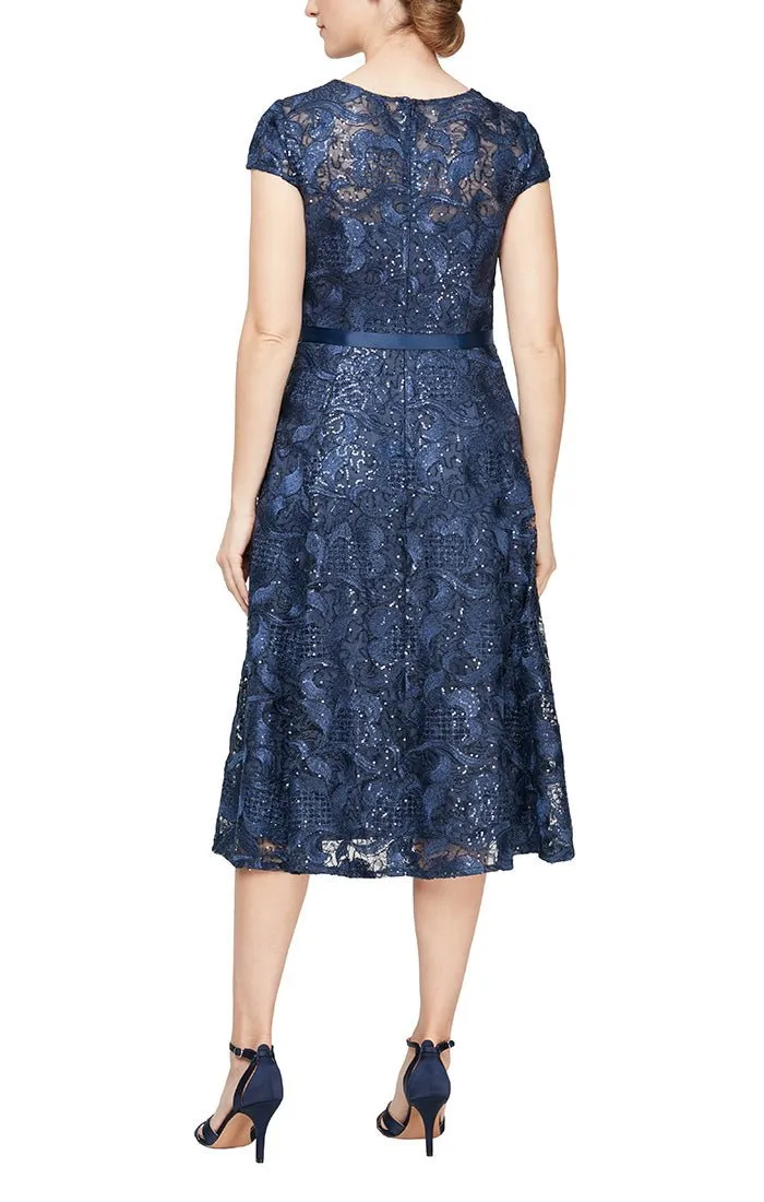 Tea Length Dress with Cap Sleeves, A-Line Skirt and Tie Belt sold by Alex Evenings product image thumbnail 2