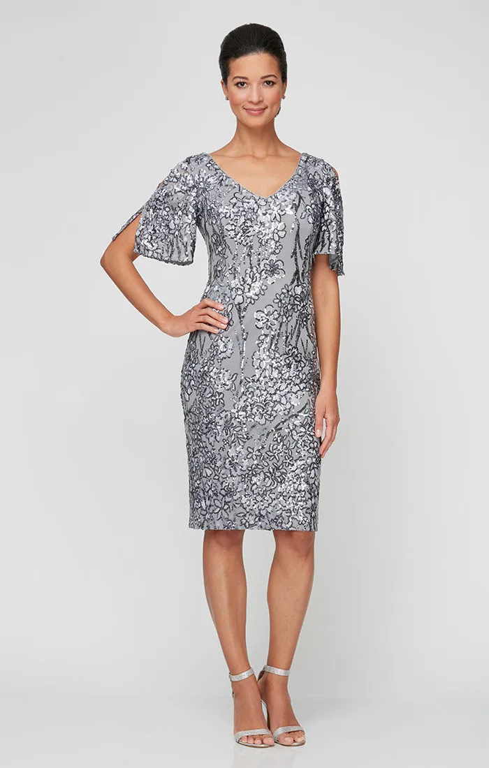 Regular - V-Neck Sequin Cocktail Dress with Cold Shoulder Flutter Sleeves sold by Alex Evenings