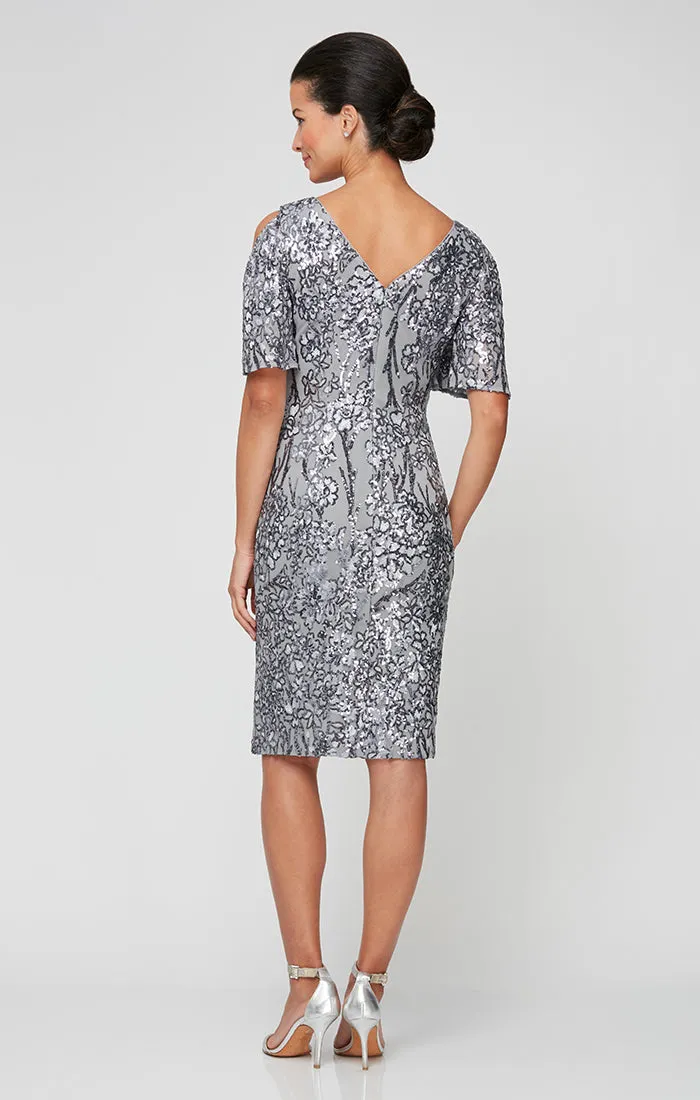 Regular - V-Neck Sequin Cocktail Dress with Cold Shoulder Flutter Sleeves sold by Alex Evenings product image thumbnail 2