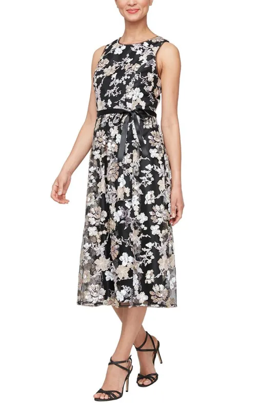Petite - Tea Length Embroidered Sleeveless Fit and Flare Dress with Tie Belt sold by Alex Evenings