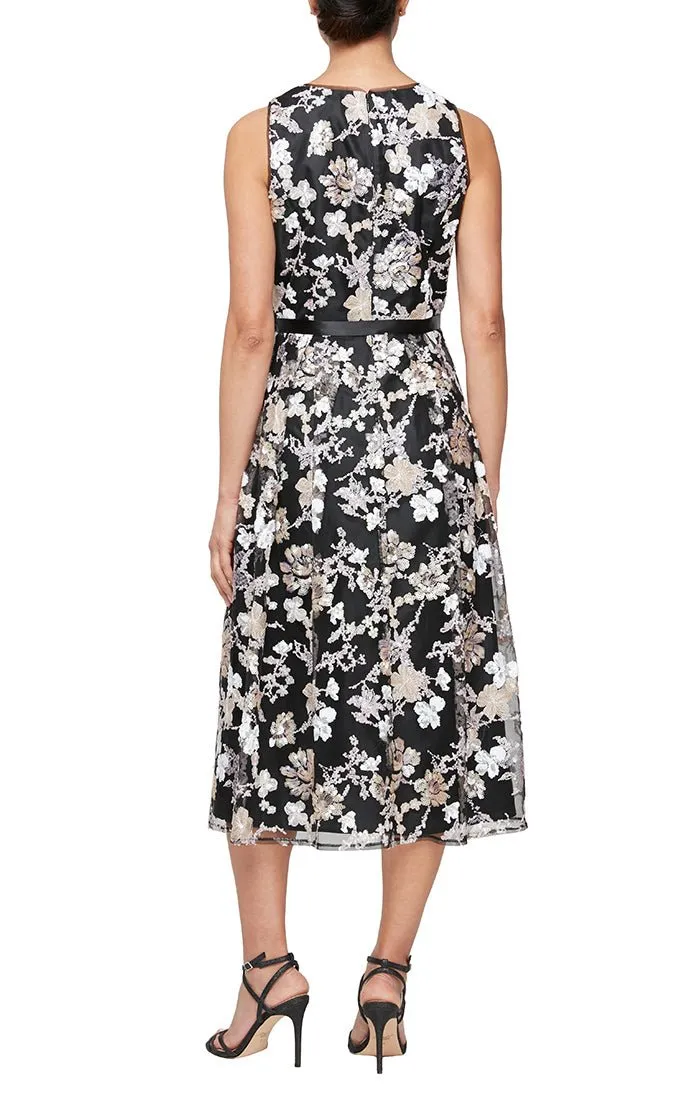 Petite - Tea Length Embroidered Sleeveless Fit and Flare Dress with Tie Belt sold by Alex Evenings product image thumbnail 2