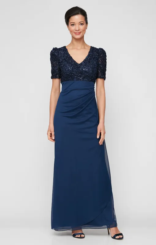 Long Empire Waist Dress with Soutache Bodice, Puff Sleeve Detail and Cascade Ruffle Skirt sold by Alex Evenings