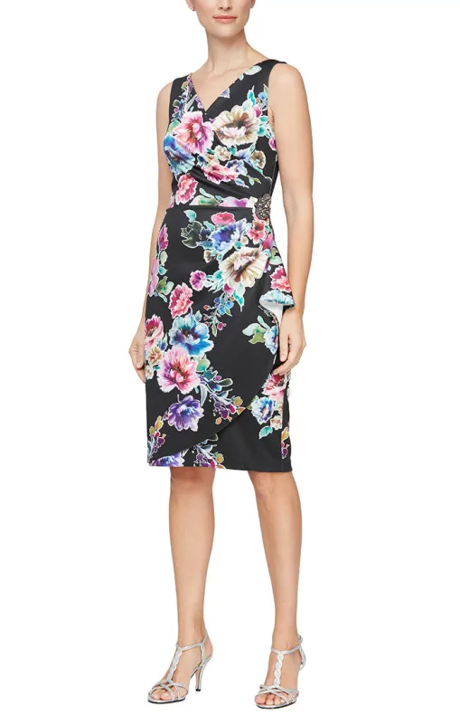 Regular - Short Printed Sheath Dress With Surplice Neckline, Beaded Hip and Cascade Skirt Detail sold by Alex Evenings