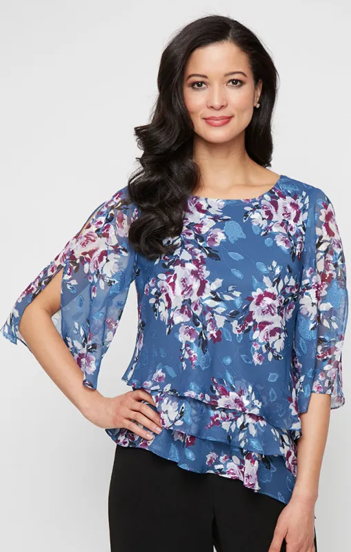 Regular - Printed Chiffon Burnout Blouse with Asymmetric Triple Tier Hem sold by Alex Evenings