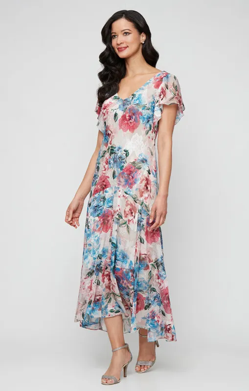 Regular - Tea Length Printed Chiffon Burnout Dress with V-Neckline and Flutter Sleeves sold by Alex Evenings