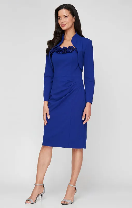 Regular - Stretch Crepe Sheath Dress with Flower Neckline Detail and Shrug Jacket sold by Alex Evenings