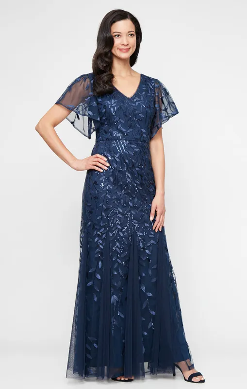 Regular - Long Embroidered Tulle Mermaid Dress with V-Neckline and Illusion Flutter Sleeves sold by Alex Evenings
