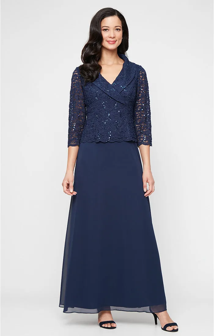 Regular - Long Stretch Lace Mock Dress with Portrait Collar Neckline and Chiffon Skirt sold by Alex Evenings
