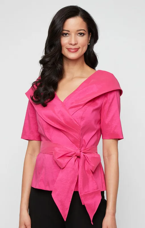 Elbow Sleeve Stretch Taffeta Blouse with Collar and Tie Waist sold by Alex Evenings