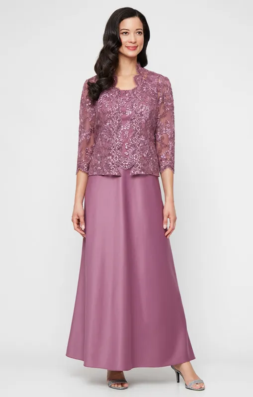 Long Embroidered Tulle Mock Jacket Dress with Open Scallop Detail Jacket and Satin Skirt sold by Alex Evenings