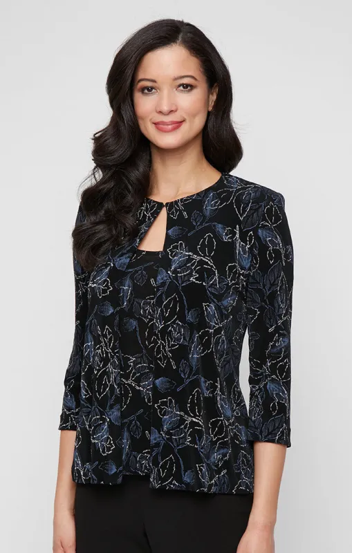 3/4 Sleeve Printed Glitter Slinky Knit Twinset with Scoop Neck Tank and Hook Neck Closure Jacket sold by Alex Evenings