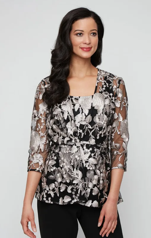 3/4 Sleeve Embroidered Tulle Twinset with Scoop Neck Tank and Elongated Center Front Closure Jacket sold by Alex Evenings