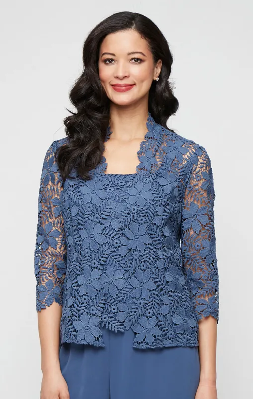 Regular - Lace Twinset with Square Neck Tank, Open Jacket and Scallop Detail sold by Alex Evenings